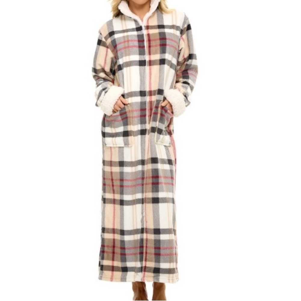 ALEXANDER Del Rossa Robe Plaid Fleece Long Zip Housecoat Sz Large Loungewear